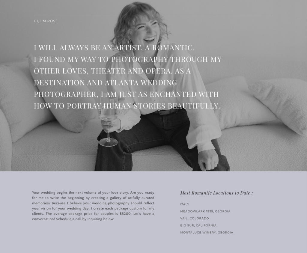 A wedding photographer holds a glass of champagne on her about page made with a Tonic website template.